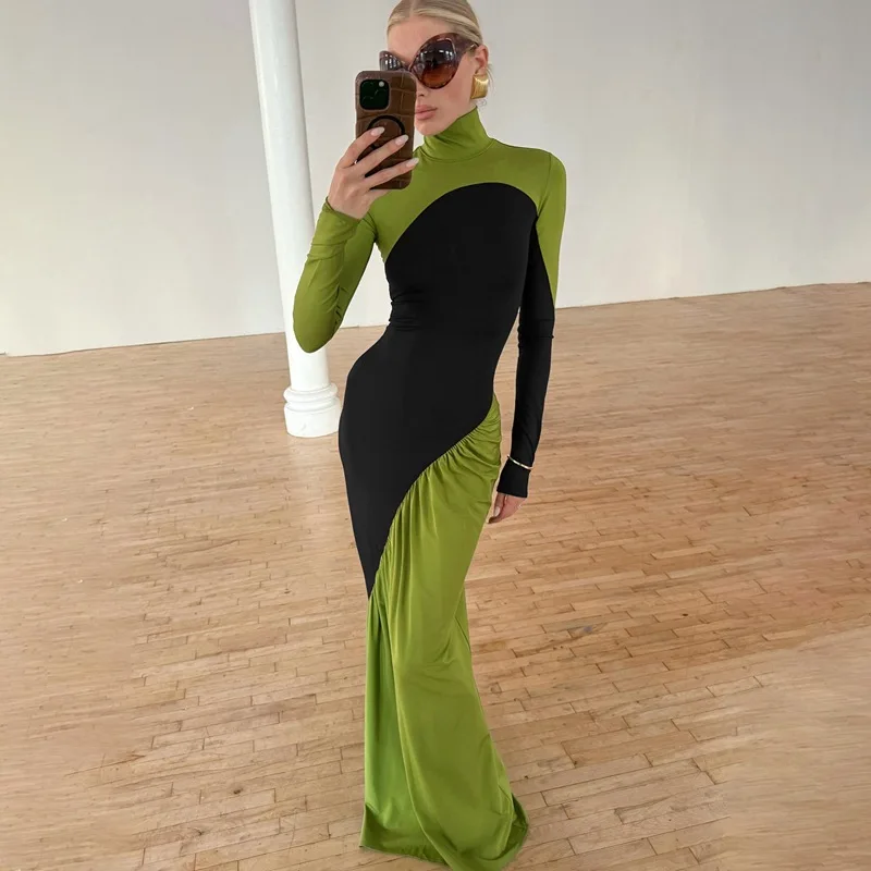 

Tornova Turtleneck Slim Contrast Maxi Dress For Women Elegant High Waist Evening Party Dress Female Fashion Splice Ruched Dress