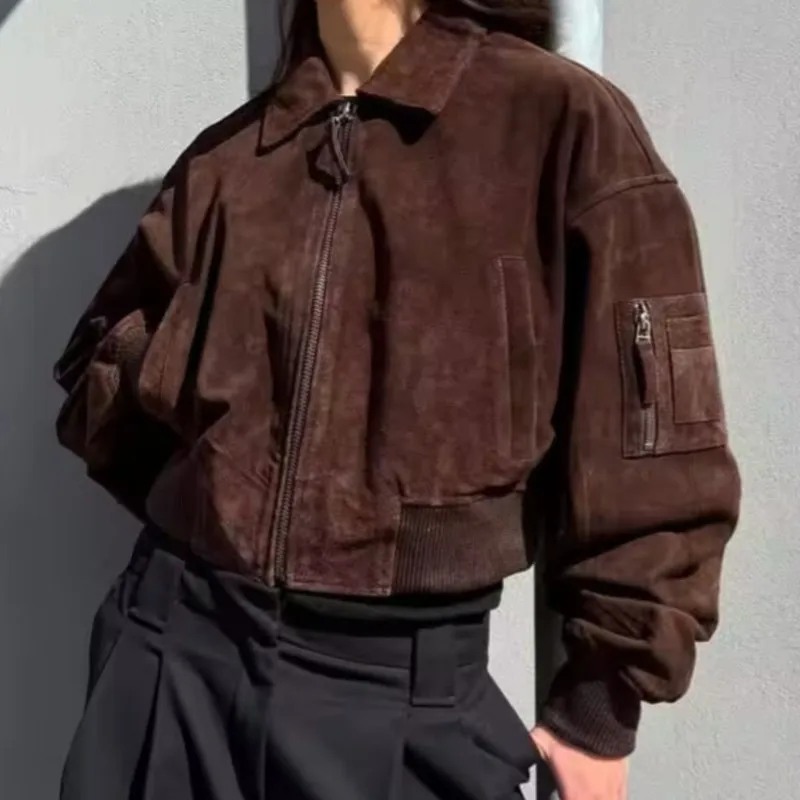 

Мягкий удобный дизайн, повседневная осень 202, женская короткая куртка из замши с текстурой, бейсбольное пальто с акцентом на молнии, стильная повседневная верхняя одежда