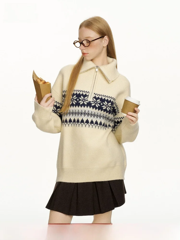 

Beetle Town Vintage Fair Isle High Ne f Вязаный свитер на молнии Женский осенне-зимний повседневный универсальный свободный крой Длинный свеч...