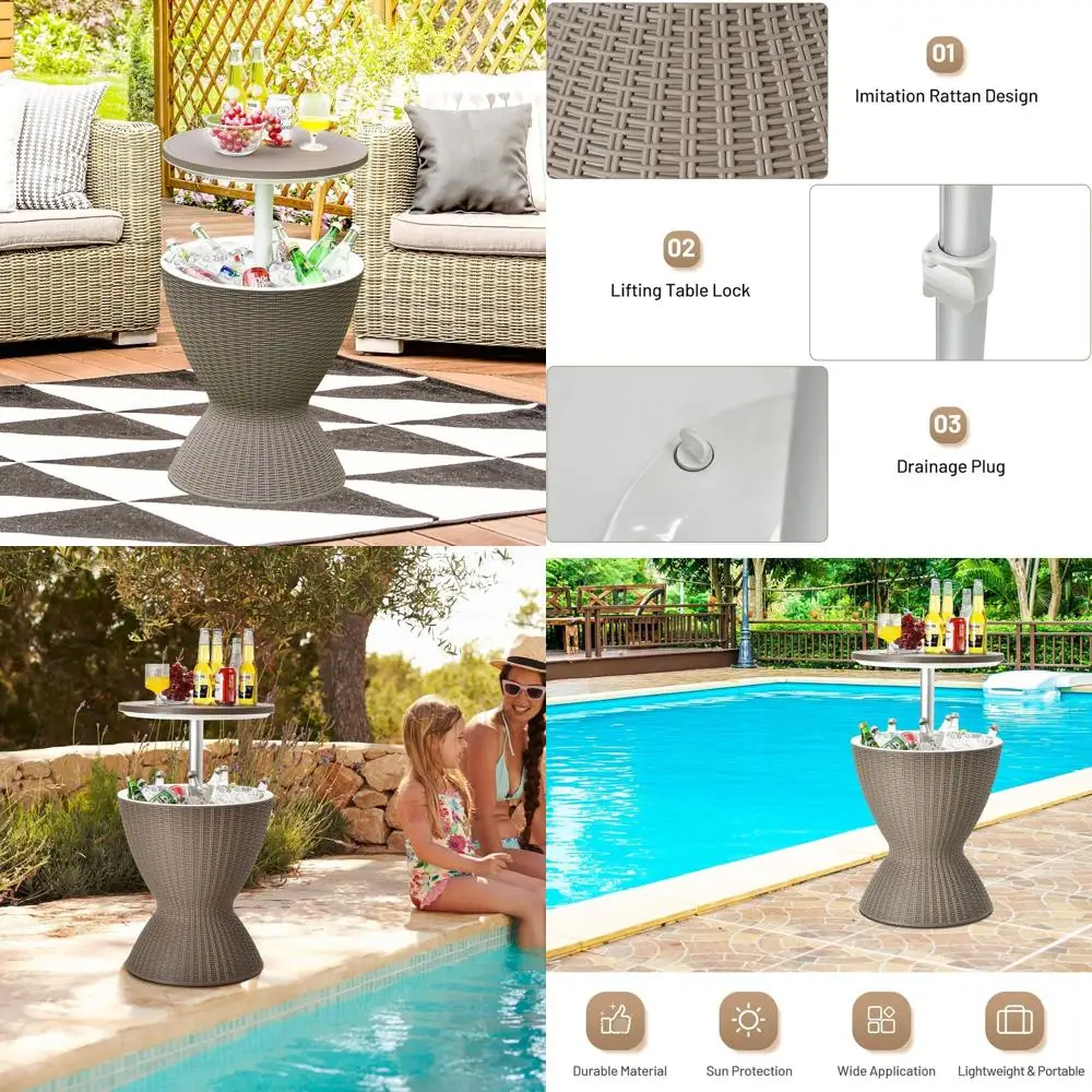 

Всепогодный стол-холодильник из ротанга для патио, 8-галлонный контейнер для напитков с регулируемой высотой и дренажем, 3-в-1 для вечеринок на открытом воздухе и отдыха