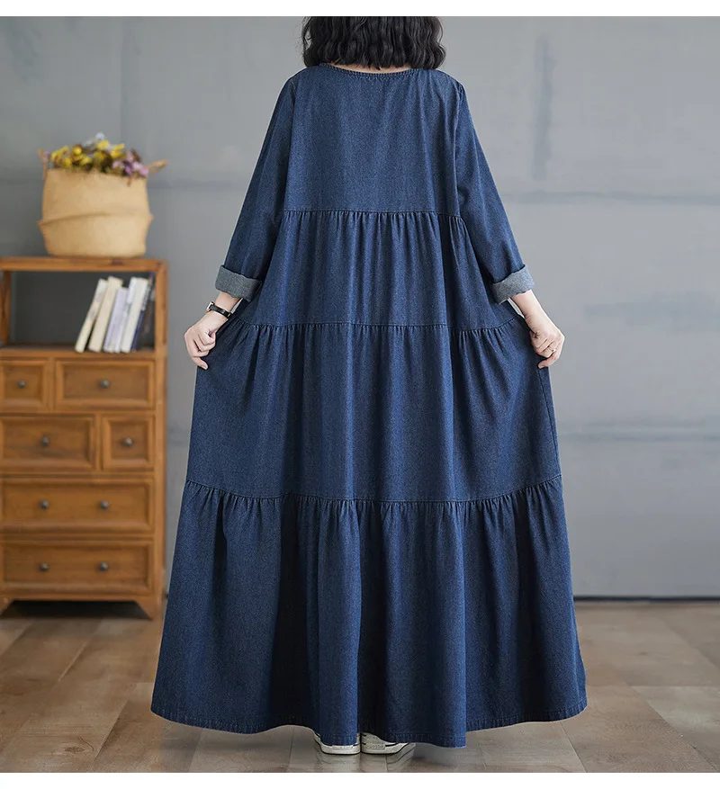 Cake Dress Women Denim Long Dresses A Line Vestidos Streetwear Round Neck Full Sleeve Elegant Splice Y2k Work High Waist