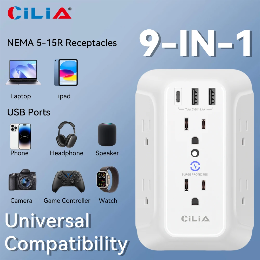 

Surge Protector,Wall Plug ,Power Outlet Multi-Purpose Socket with Standard Grounding US Standard Power Extension，2USB,1Type-C