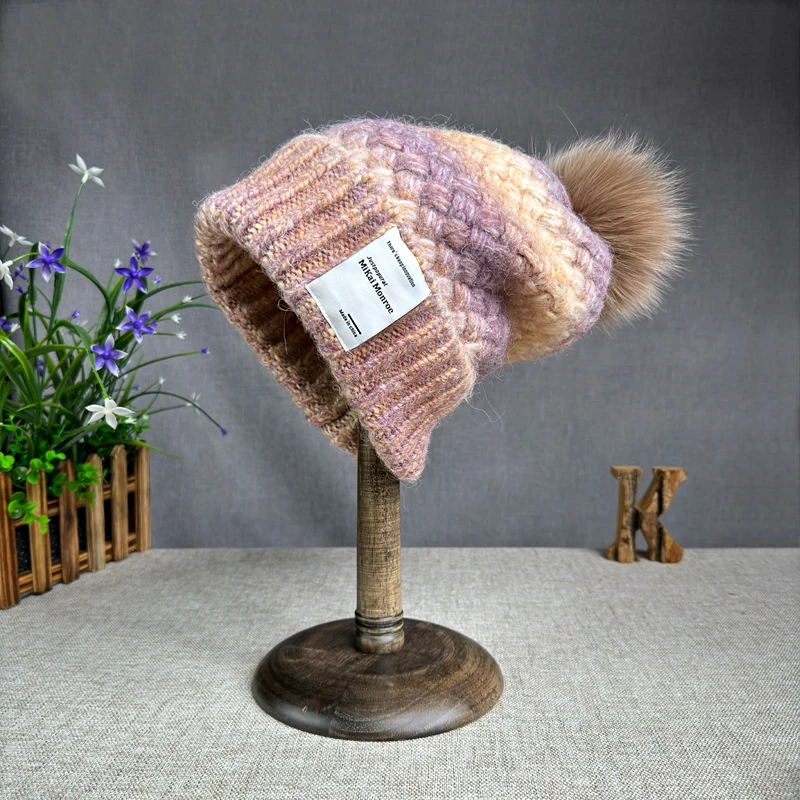 2024 mohair coarse needle mixed color knitted hat women's fox fur ball warm ear protection pile hat yarn hat