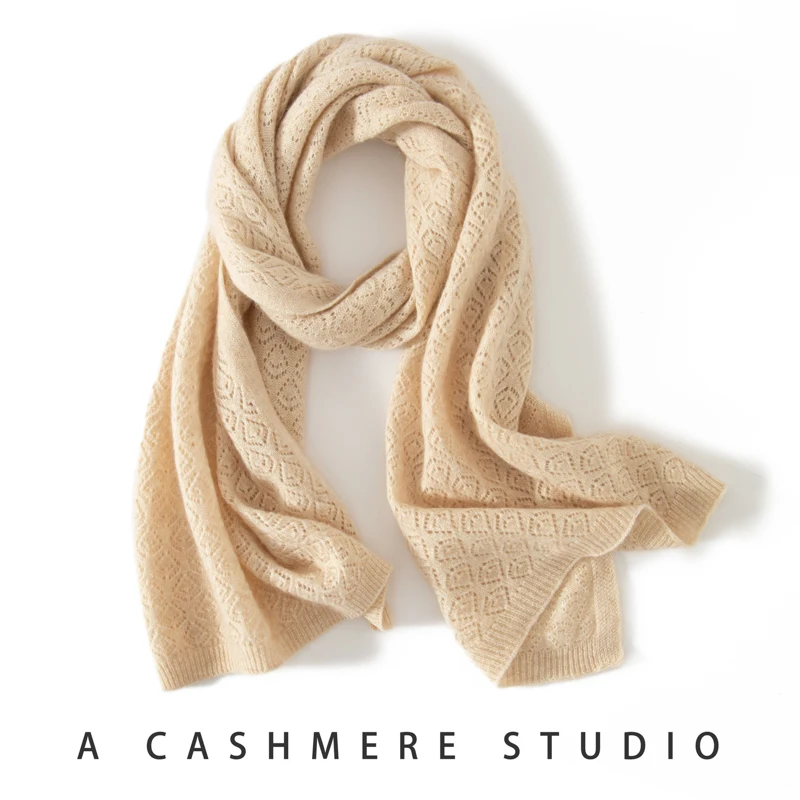 Winter New 100% Cashmere Scarf Fashion Solid Color Hollow Out Women Soft Warm Scarf Cashmere Knit Jacquard Long Scarves 158*38