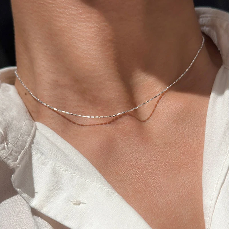 925 Sterling Silver Necklace With Simple Geometric Beads Choker Shiny And Delicate Collarbone Chain For Women Fashion Jewellery