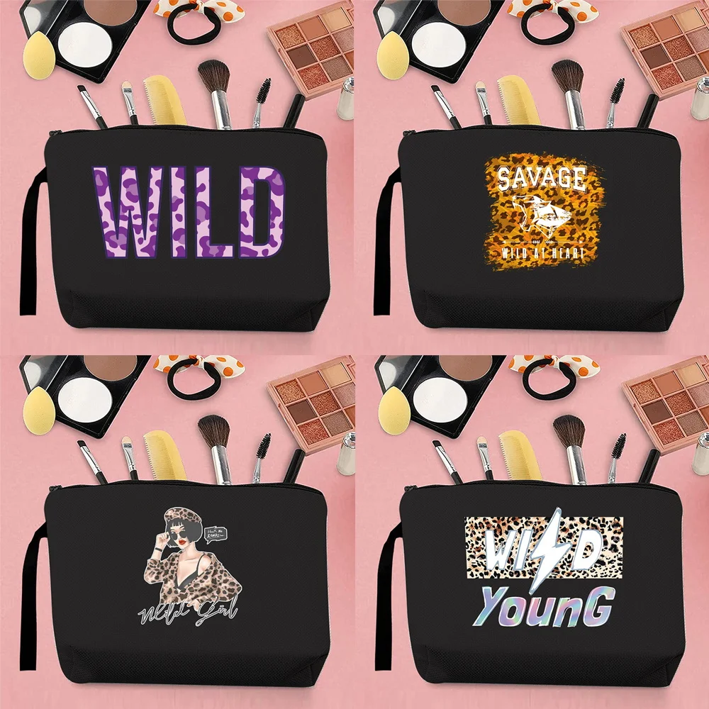

Hot Selling Women Cosmetic Bag Wild Leopard Pattern Print Commuter Travel Canvas Black Storage Change Creative Clutch Bag