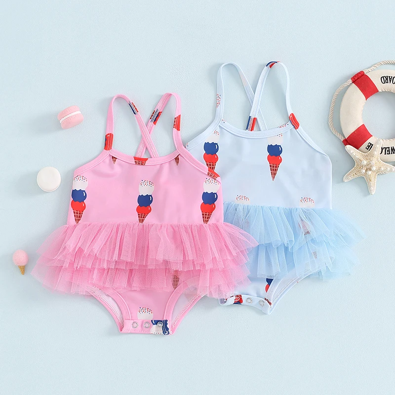 New Toddler Baby Girls Swimsuit Ice Cream Print Ruffles Mesh Tulle Beachwear Sleeveless Cross Backless Summer Beach Bathing Suit