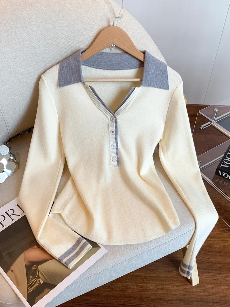 

Антивозрастной вязаный свитер для женщин с воротником, цветными блоками, осенне-зимний, модный, имитация двухслойности