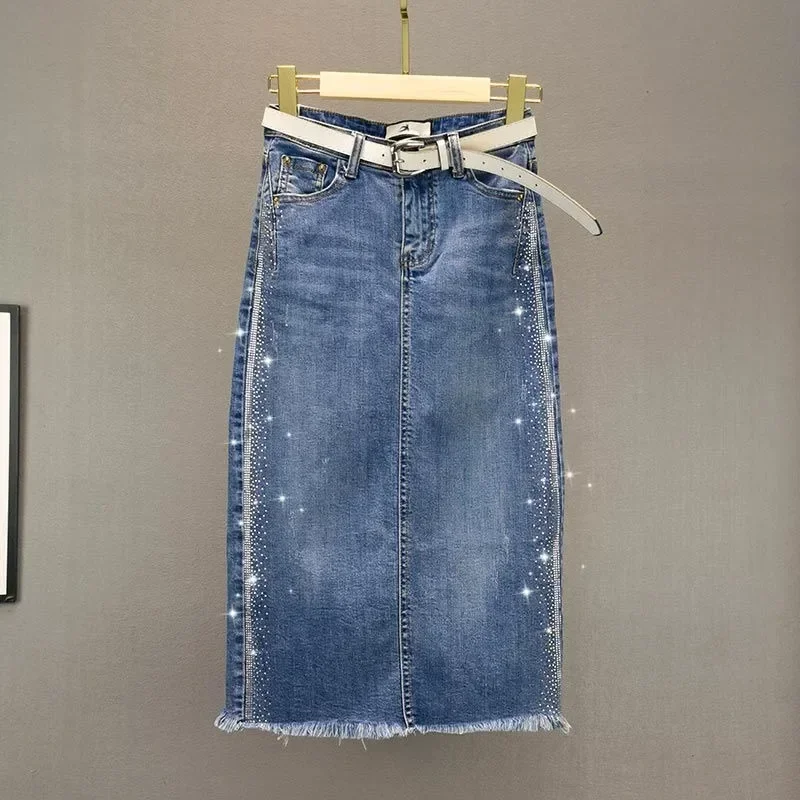 

Женская джинсовая юбка с высокой талией Джинсовые юбки для женщин Midi с блестками V Одежда Продажи Качество A Line Предложение Оригинальное жаркое лето 2025
