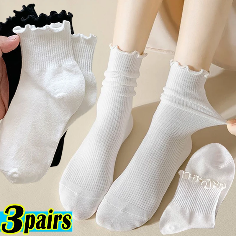 

Harajuku Ruffle Socks Women Girls Sweet Cotton Middle Tube Black White Socks Jk Lolita Soft Breathable Ankle Loose Short Sock