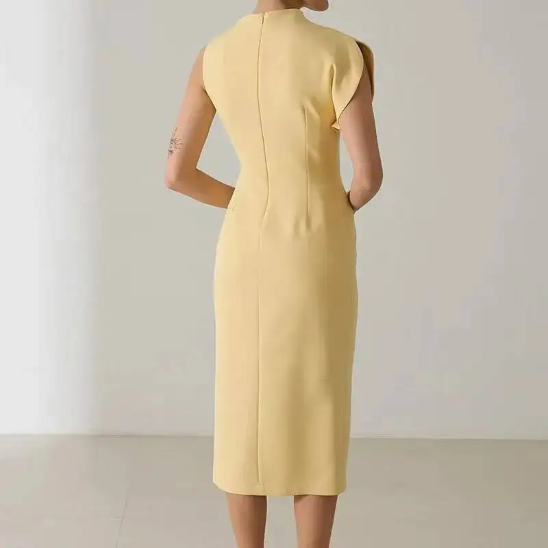 Abito primaverile girocollo con spacco laterale cavo Boho elegante da ufficio da donna solido dritto da festa donna aderente aderente sui fianchi Mujer