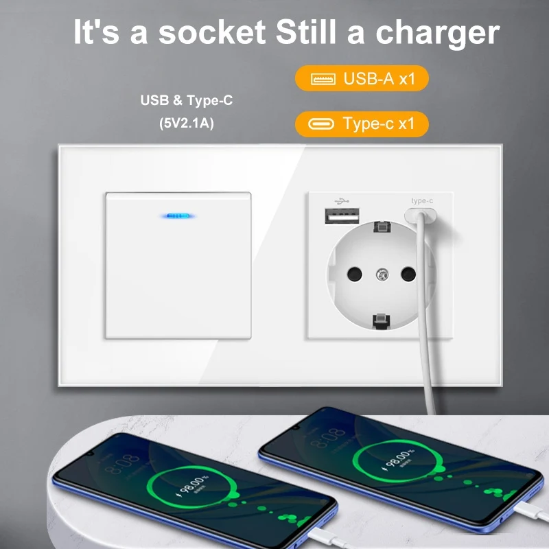 European Union Germany wall-mounted crystal glass white panel power socket with three plugs grounded, 16A triple power socket - view 2