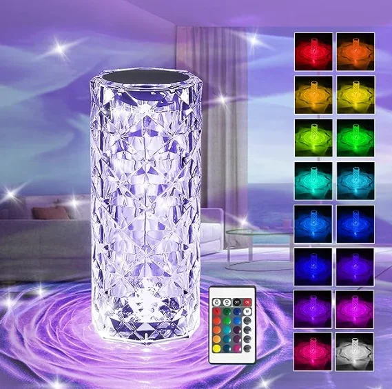 rgb led crystal table lamp projetor de luz rosa usb touch diamante romantico atmosfera night light casa cores 16 cores ajustavel 01