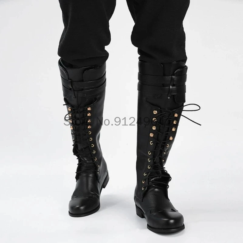 Medieval Steampunk Cosplay Long Black Boots Men Winter Larp Pirate PU Leather Shoes Carnival Party Fancy Halloween Knight Boots
