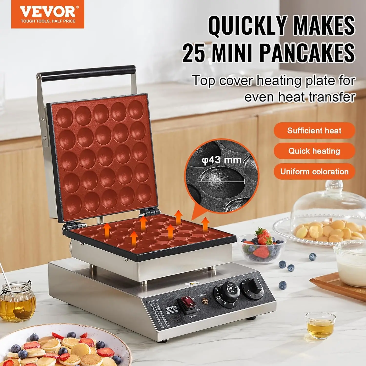 Mini Dutch Pancake Maker, 25PCS 43mm Diameter Dorayaki Baker Machine, 1700W Commercial Electric Poffertjes Grill, Non-stick Stai