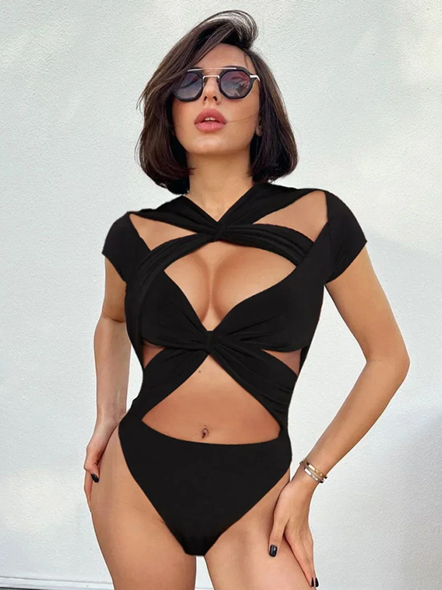 BWQ Sexy Bandage Intersect Pleating Pplaysuit Basics Solid Color Swimwear 2024 Spring And Summer Spicy Girl Holiday Clothes