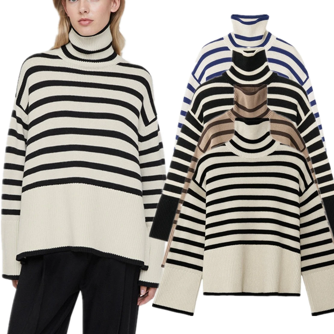 

Withered Commuting Loose Tultneck Long Sleeved Knitted Sweater Pullovers Winter Leisure Nordic Minimalist Striped Sweater Women