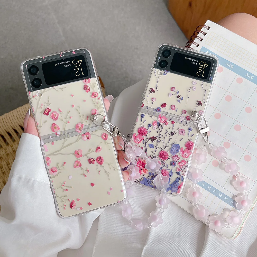 For Samsung Galaxy Z Flip 6 5 4 3 Case Floral Transparent Folding with Bracelet For Samsung Z Flip 3 5G ZFlip4 Hard Back cover