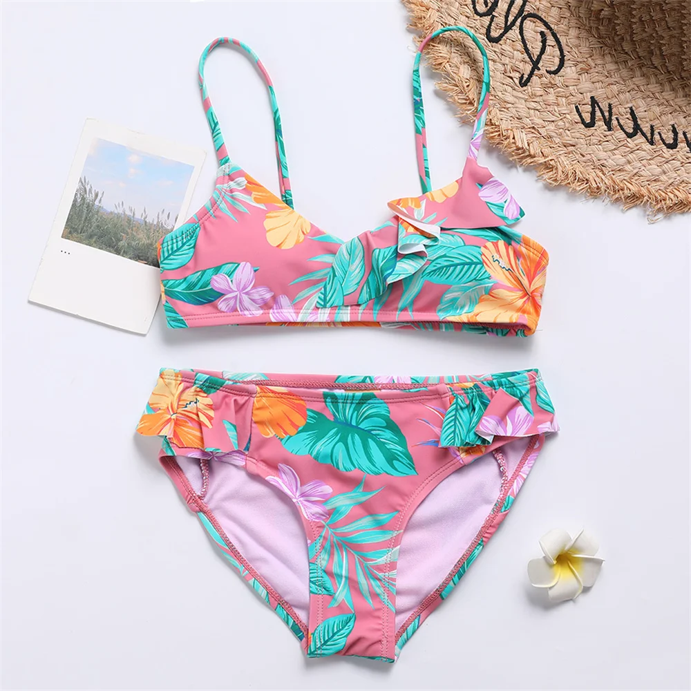 Girls Pineapple Print Bikini Set Swimsuit Kids Racerback Two Piece Children\'s Swimwear 7-14Years Teenager Bathing Suit Beachwear