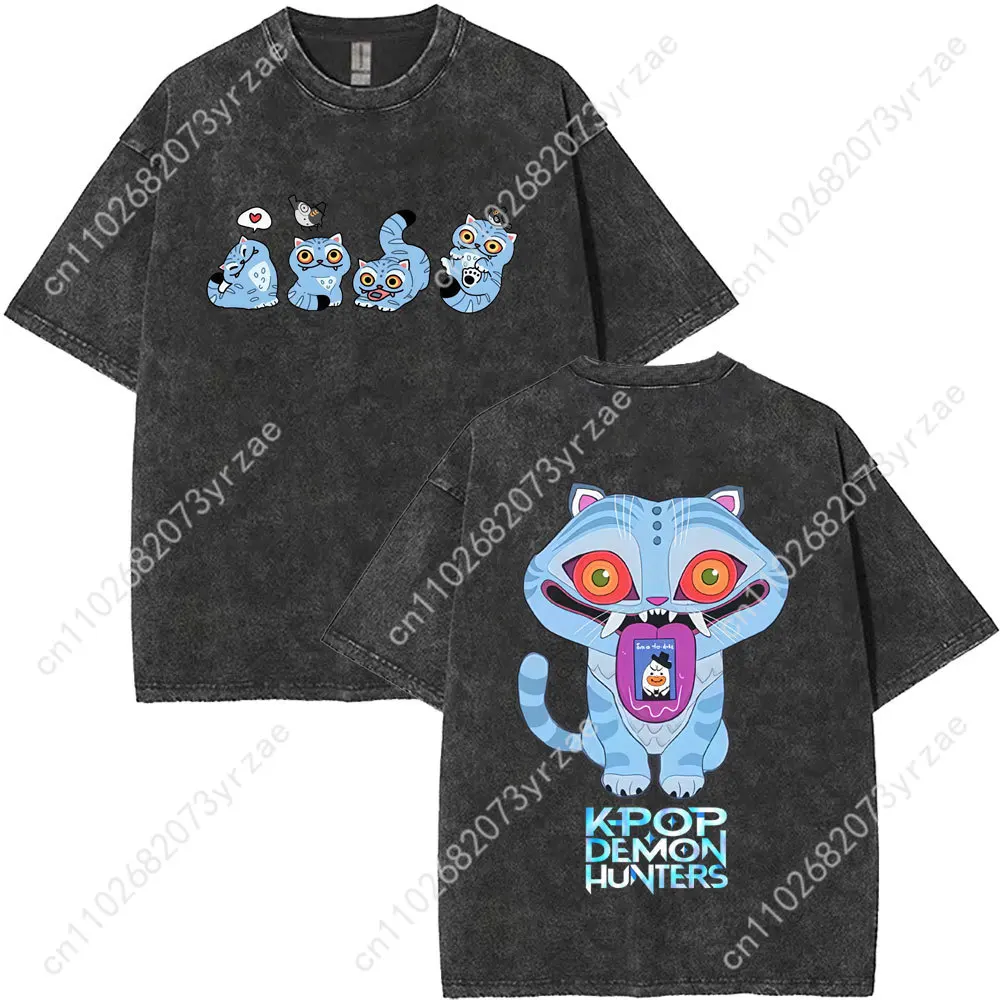 Kpop Demon Hunters rétro lavage t-shirt homme femme haute qualité Vintage t-shirt mode coton manches courtes doux dessus respirants
