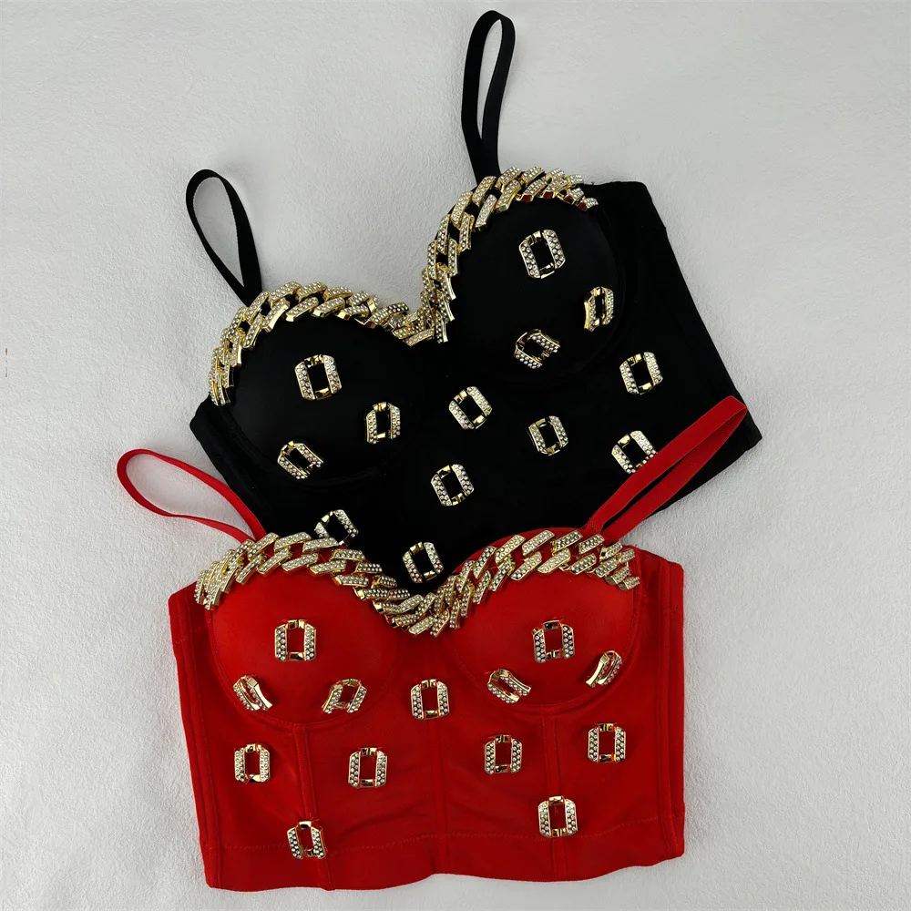 Drilling Fishbone Premium Outer Wear Bustier Stretch Skinny Metallic Diamonds Camisole Spicy Girl Back Fixed Cups Corset