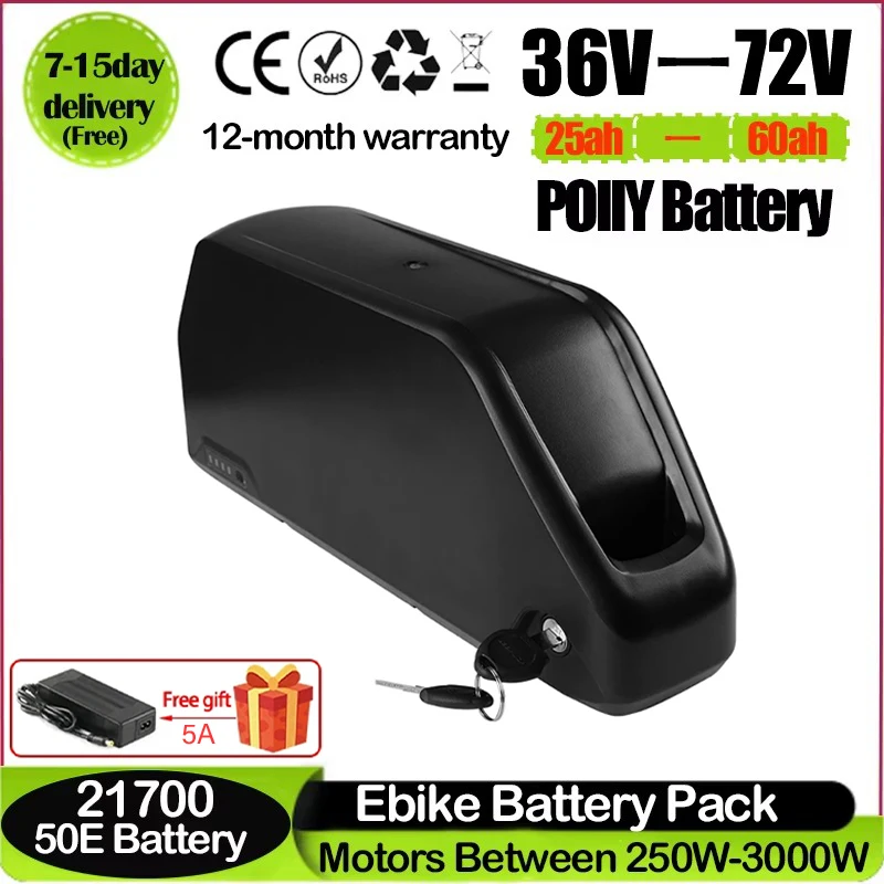 

Polly 21700 EBike Battery 48V 52V 25Ah 60V 72V 36V 20Ah Electric Bicycle Bateria Li-on Pack for 2000W 1500W 1000W 500W 350W 250W