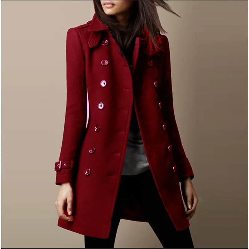 Winter Coat Female Wool Blends Casual Versatile Solid Long Trench Outerwears Vintage V-Neck Full Sleeves Ladies Winter Overcoats