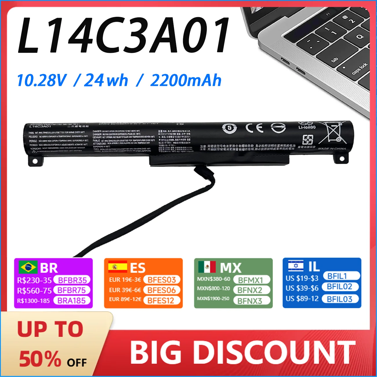 L14C3A01 L14S3A01 For Laptop Battery For Lenovo Ideapad 100-15  Ideapad 100-15iby  B50-10 10.8V 24wh/2200mAh