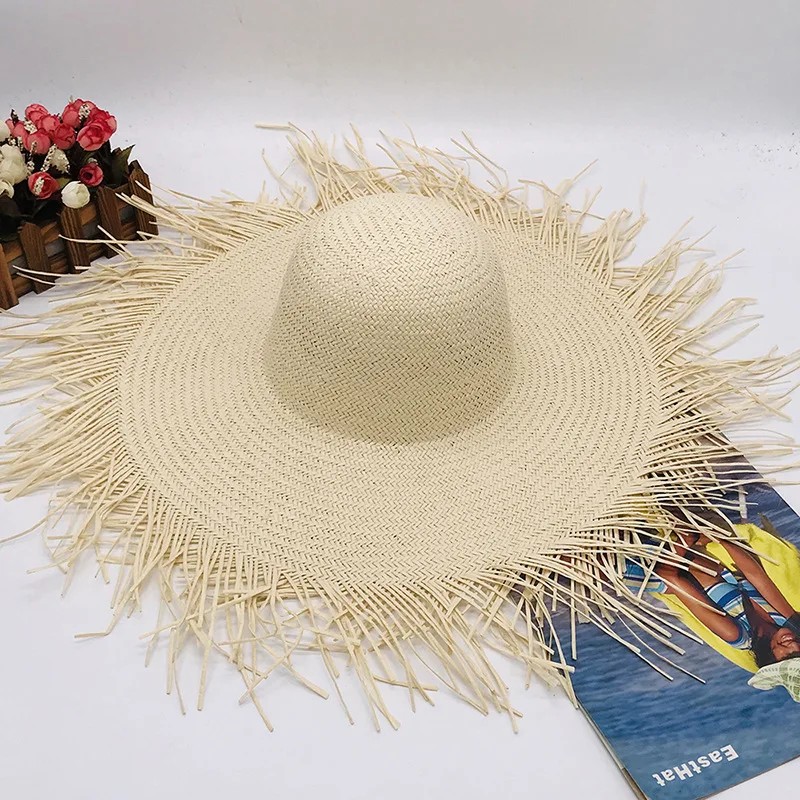 New handmade women\'s straw hat sun hat with big wide brim for girls high quality natural raffia Panama beach straw hat vacation