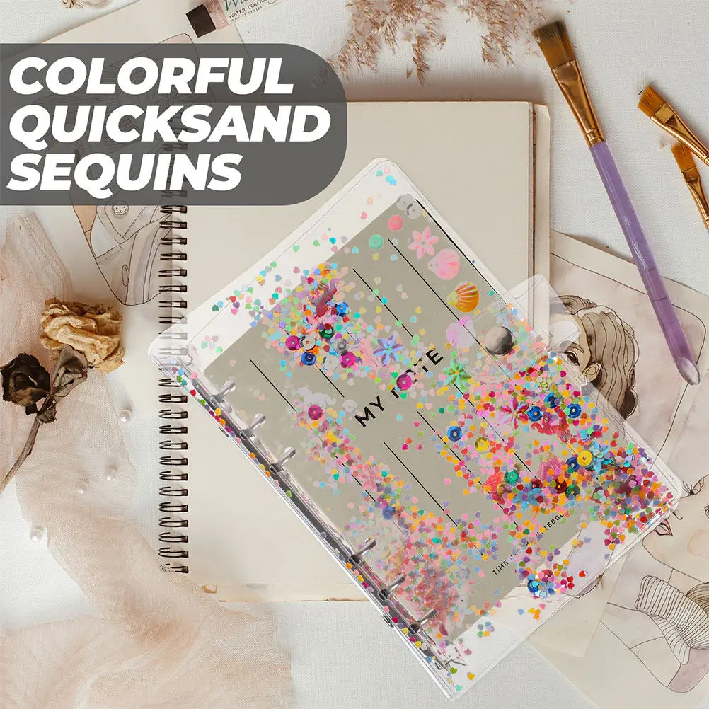 

2Pcs Glitter Flowing Sand Binder Cover Plastic Notebook Shell Loose-Leaf Ring Design for School Office Study Aesthetic Notepad