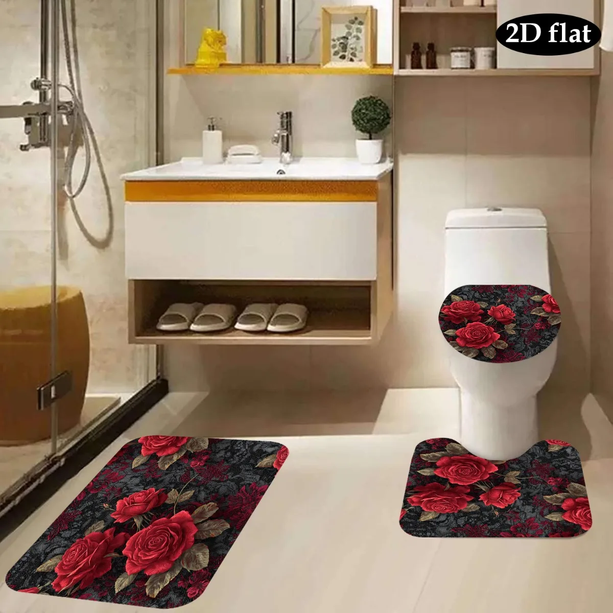 Elegant Red Rose Floral Print Bath Mat Set 3PCS Luxury Bathroom Rug Decor Home Decor Accessories for Master Bathroom