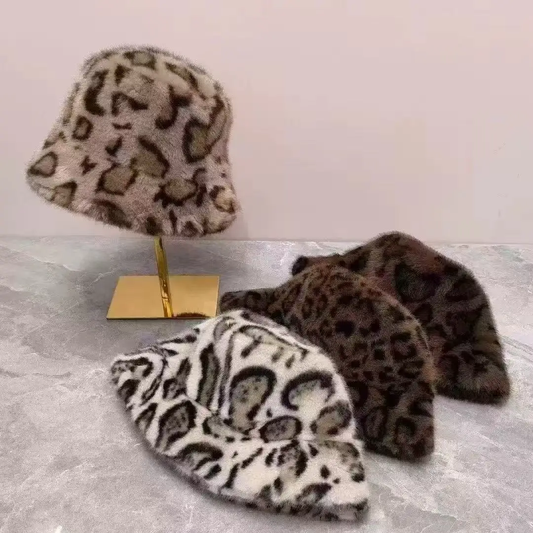 Leopard Print Faux Mink Fur Bucket Hat, Women Trendy European American Versatile Fur Basin Hat