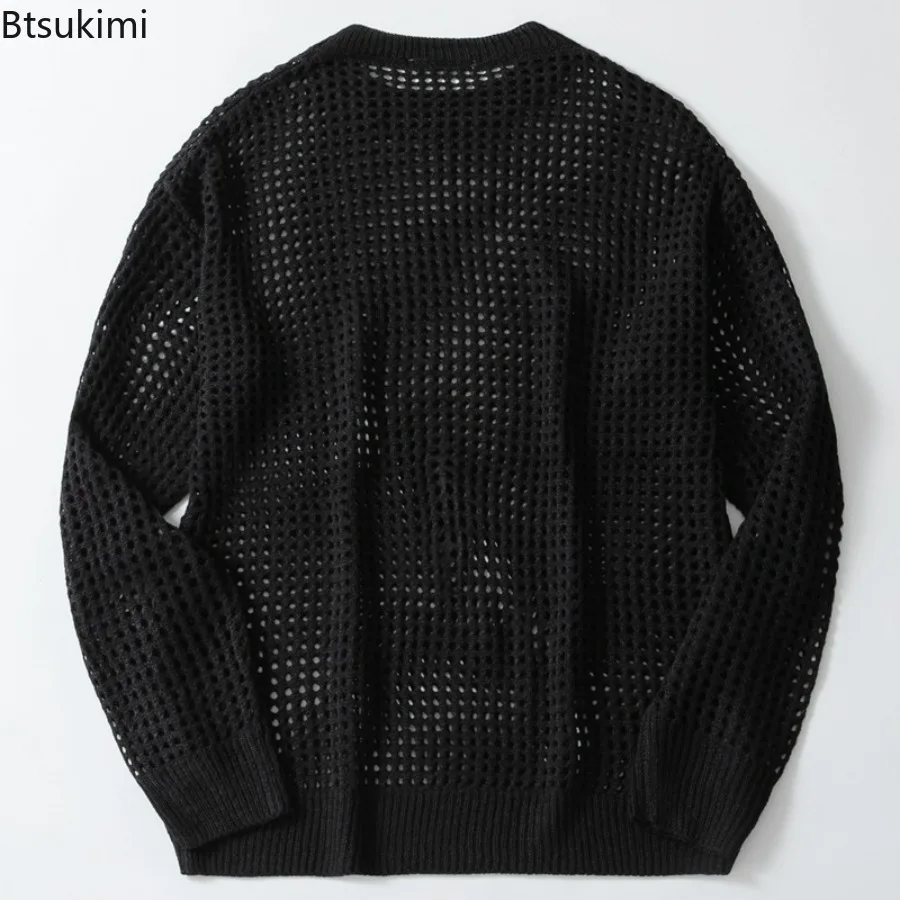 Neue 2025, männer Schwarz Langarm KnittedTop Pullover Kleidung Aushöhlen Fishnet Mesh Stil Stricken Retro Pullover Casual Männlichen Tops