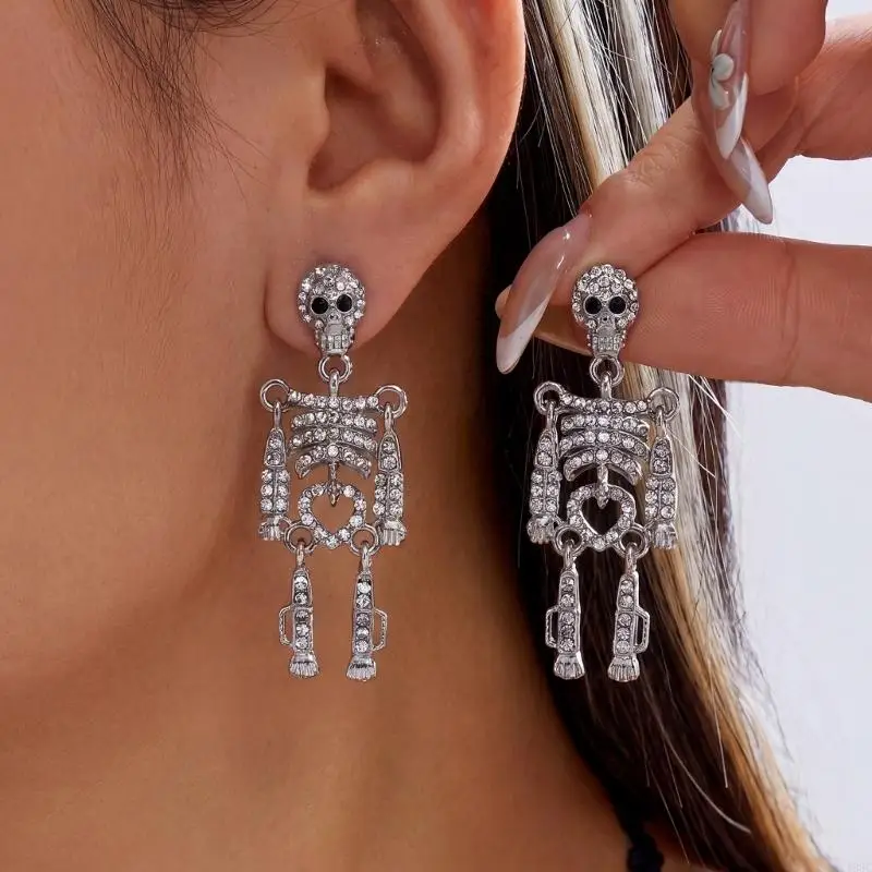 195C Costume Styling Skeleton Drop Earrings Pair, Halloween Alloy Jewelry for Spooky Parties, Party Scenes and Stage Looks