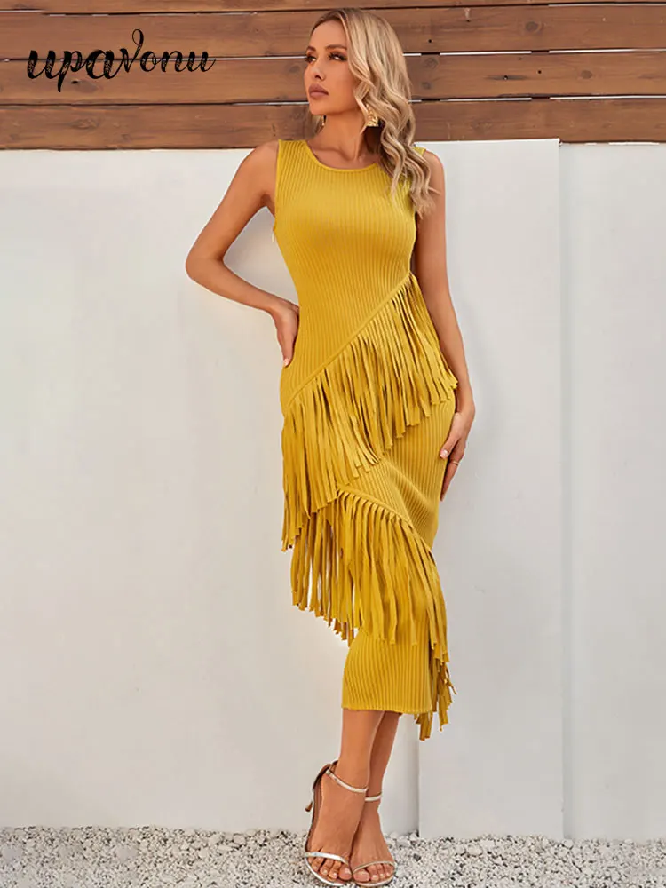 

2023 Sexy Women's Ginger Yellow Bandage Dress O-Neck Sleeveless Bodycon Tassel Design Midi Dress Cocktail Evening Party Dresses