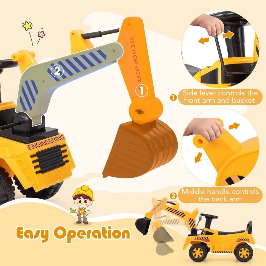 Paseo en excavadora, excavadora de construcción, camión, paseo en coche de empuje para niños pequeños con pala de trabajo, sonido del motor, almacenamiento debajo del asiento, Anti