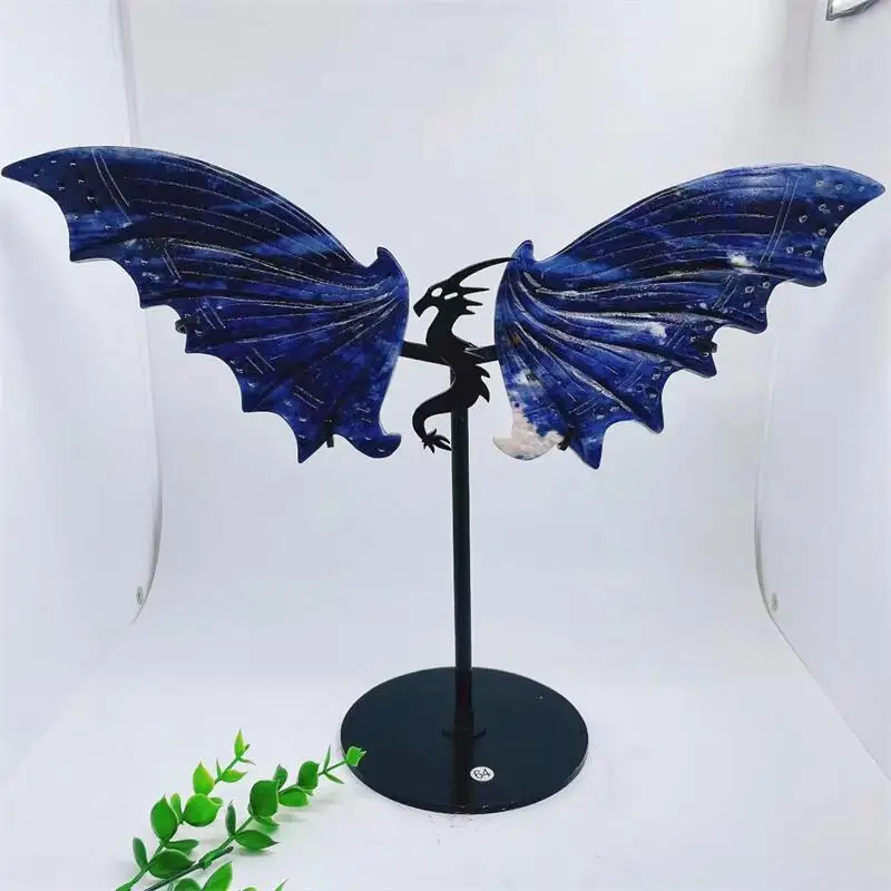 Natural Blue Sodalite Dragon Wing Crystal Carving Crafts Healing Gemstone Stone Gifts Home Ornament Decoration 1pair