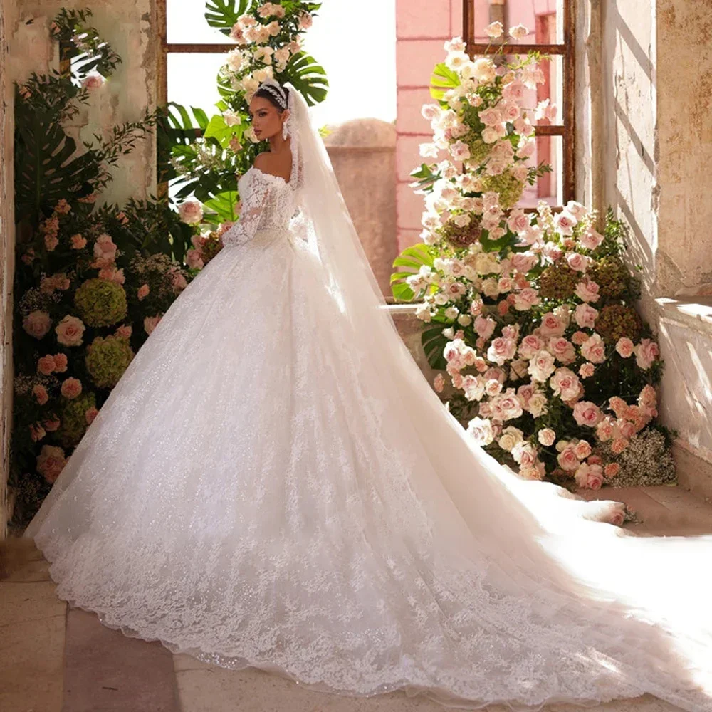 Romantic Ball Gown Off Shoulder Wedding Dresses Long Sleeve Shine Tulle V-Neck Bridal Gown Vestidos De Novia Customized