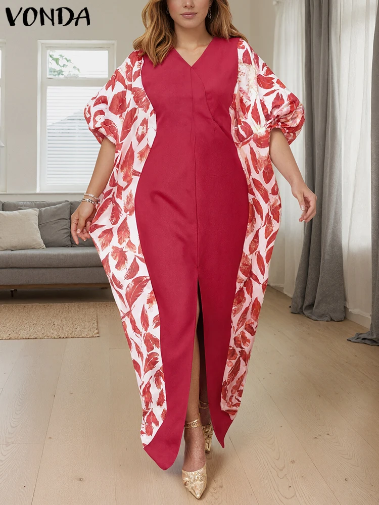 

Casual Loose Dresses 2025 Autumn Printed Sundress Women Vintgae Party Long Vestidos 3/4 Bat-wing Sleeve Robe VONDA Plus Size 5XL