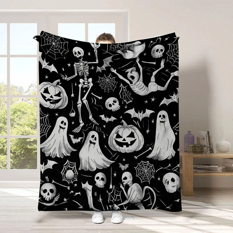 Scary Black Halloween Flannel Blanket Cover Ghosts Soft Universal Blanket Multifunctional Decorative Blankets Holiday Gift