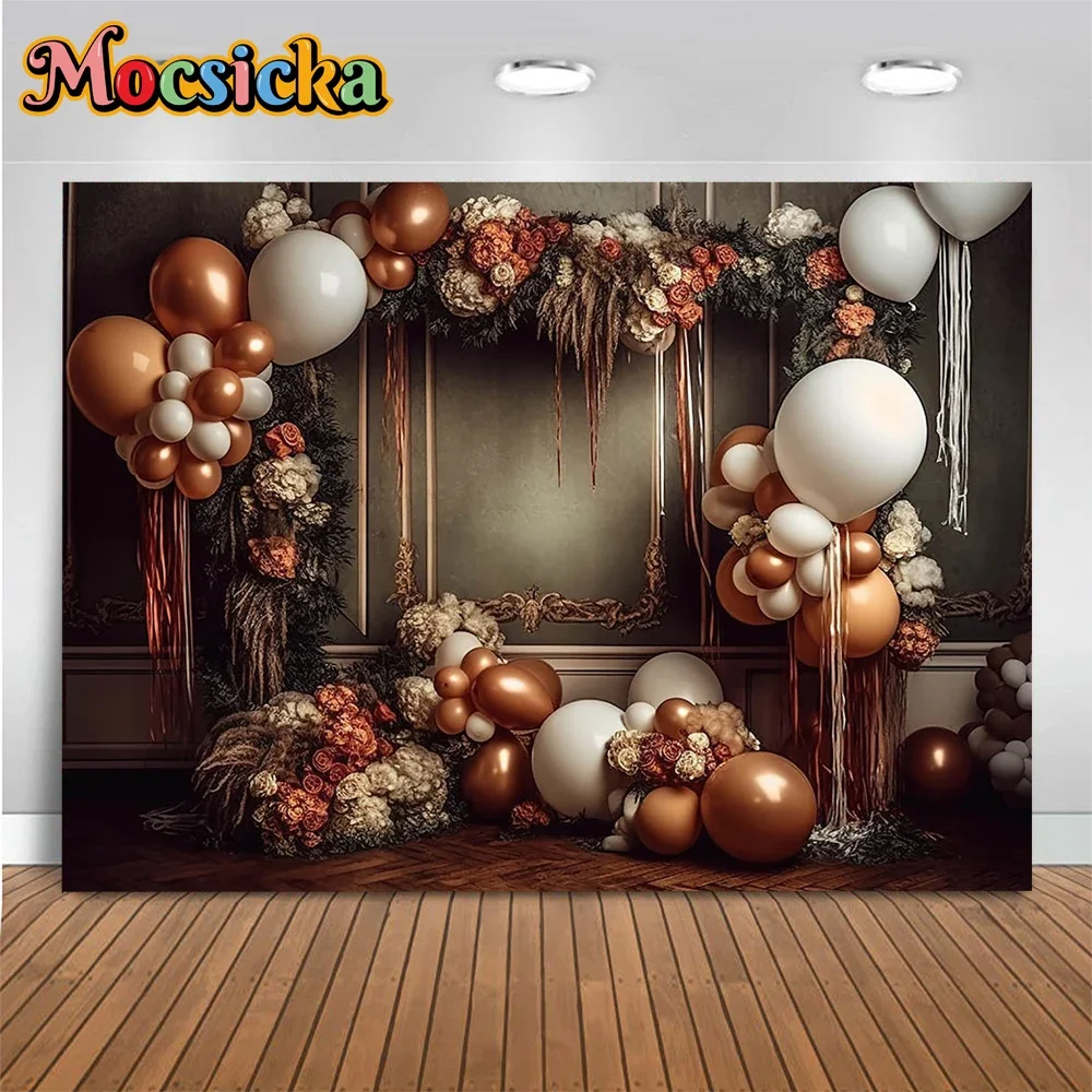 

Mocsicka Vintage Brown Wallpaper Wedding Birthday Background Abstract Flowers Balloons Decor Photography Backdrop Studio Prop