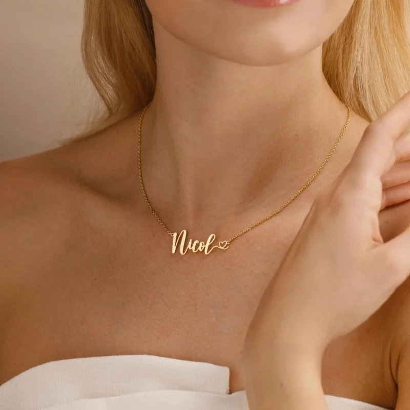 Custom Name Necklace for Women,Stainless Steel Dainty Cursive Script Name Pendant With Tiny Heart Personalized Nameplate Jewelry