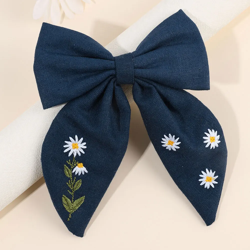 Fashion Ribbon Embroidered Flower Children Hairpin Daisy Bowknot Hair Clip Korean Bow Girls Barrette Kids Hair Accessories