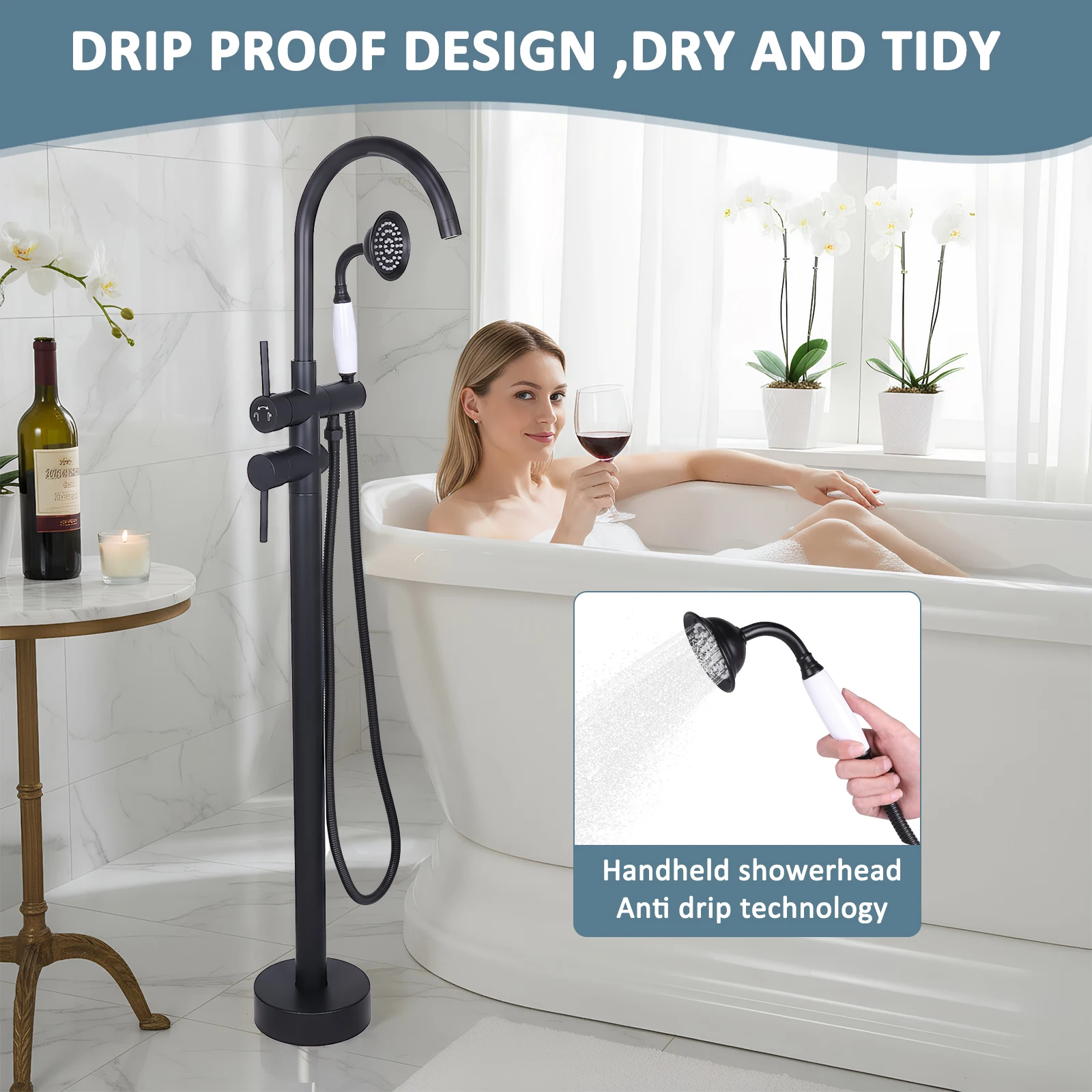 Handheld Spout Roman Tub Filler with Hand Sprayer Luxury Brushed Gold Bathtub Faucet Leakproof 2 Modes Hot & Cold Showers System