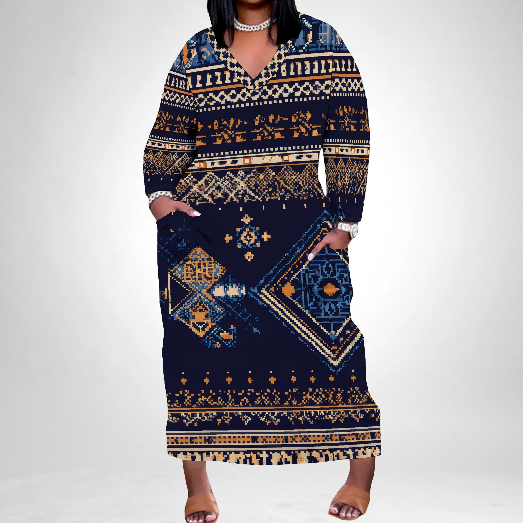 

Women's Black V-Neck Pocket Plus-Size Dress Polyester A-Line Knee Casual Fall Comfortable