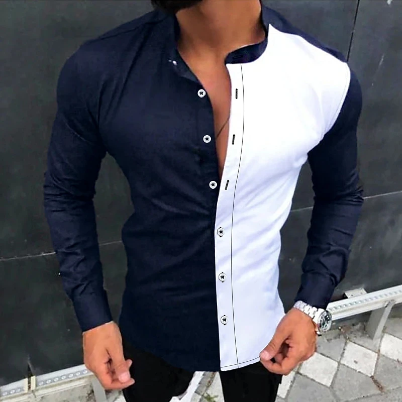 

Men's black and white symmetrical fashionable shirt party new style men's long sleeved button lapel slim fit elegant men's 2024