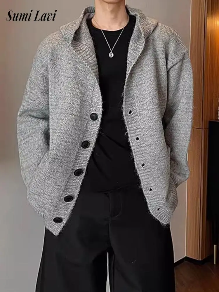 

Винтажный вязаный кардиган с капюшоном на пуговицах для мужчин, весна-осень, триди, однотонный свитер, куртка, пальто, мужские повседневные вязаные пальто
