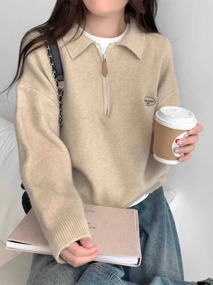 

Ladies Thiened Knitted Collar f Zip Sweater Spring Autumn Winter Outerwear Top Casual Comfortable Polyester Fiber