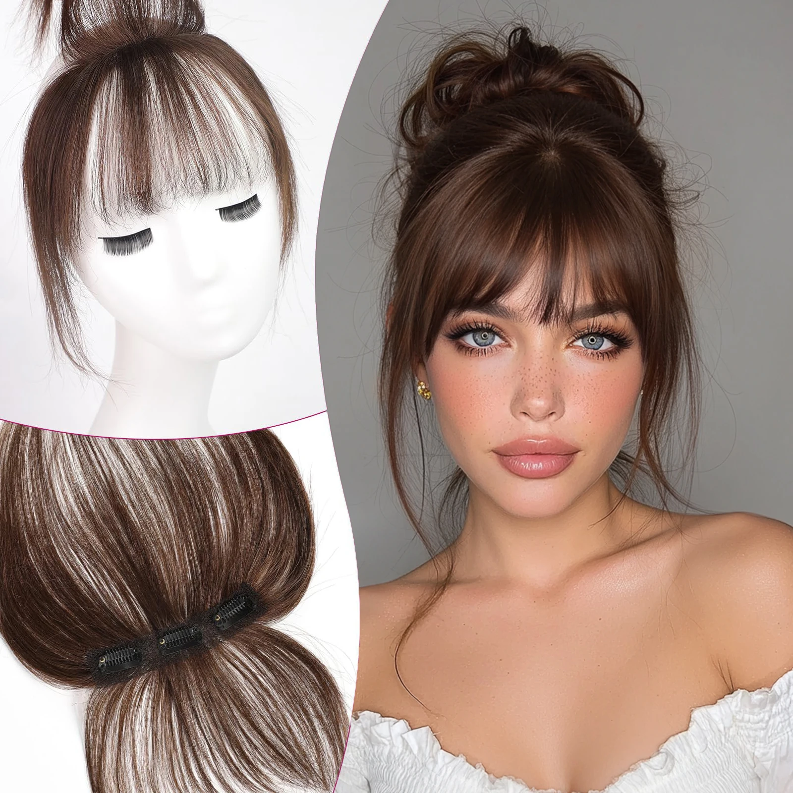 100% Human Hair Bangs Clips in Air Fringe Bangs Hairpiece for Women Natural Brown Remy Human Hair Bangs Hair Extension 4.5inch