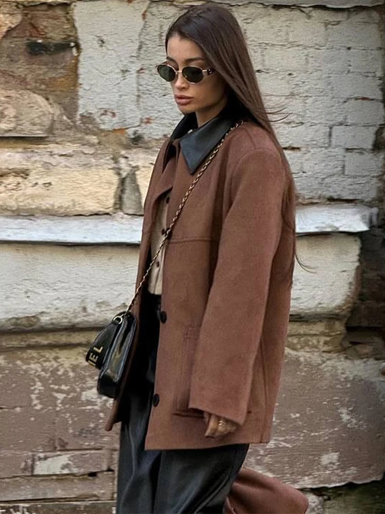 Trendix Vintage Suede Jacket Femme 2025 Autumn Lapel Patchwork Pocket Cardigan Coats Winter Street Retro Loose Commuting Coat
